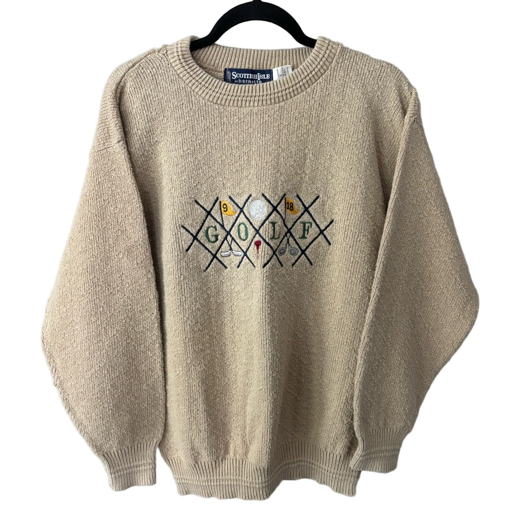 Vintage 90s Scottish Isle Golf Sweater Cream Preppy Old Money Grandpacore size M